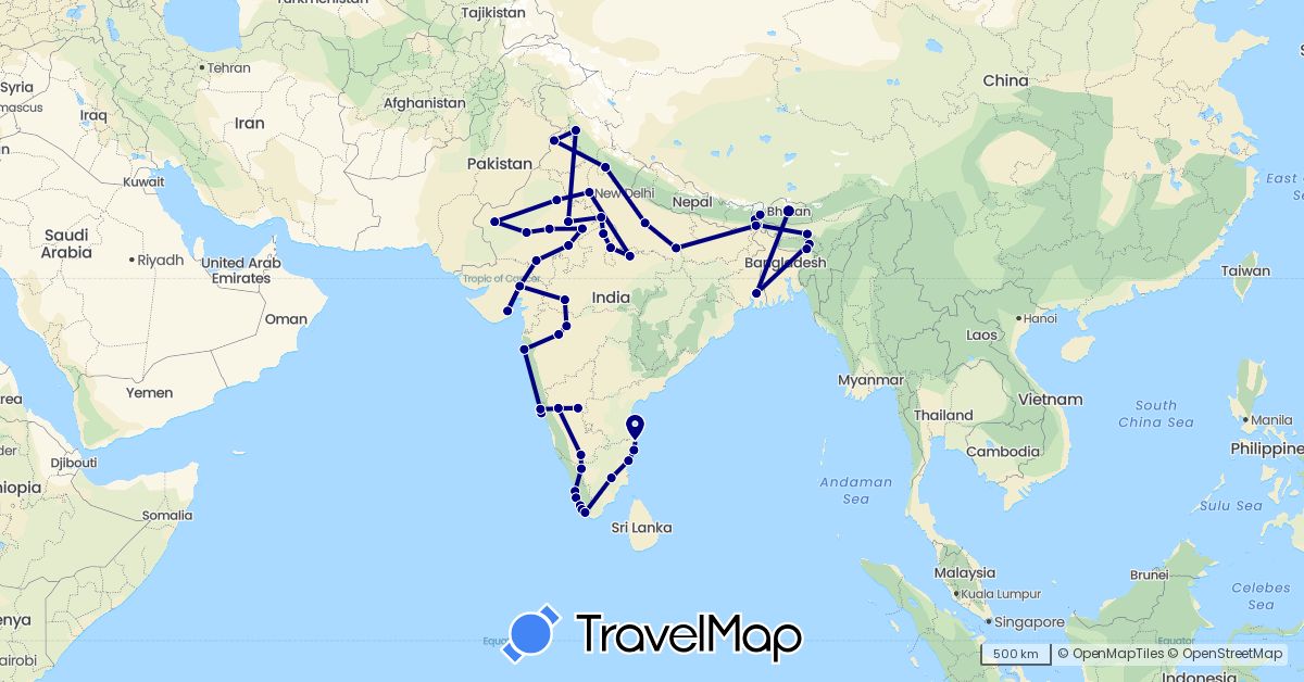 TravelMap itinerary: driving in Bhutan, India (Asia)