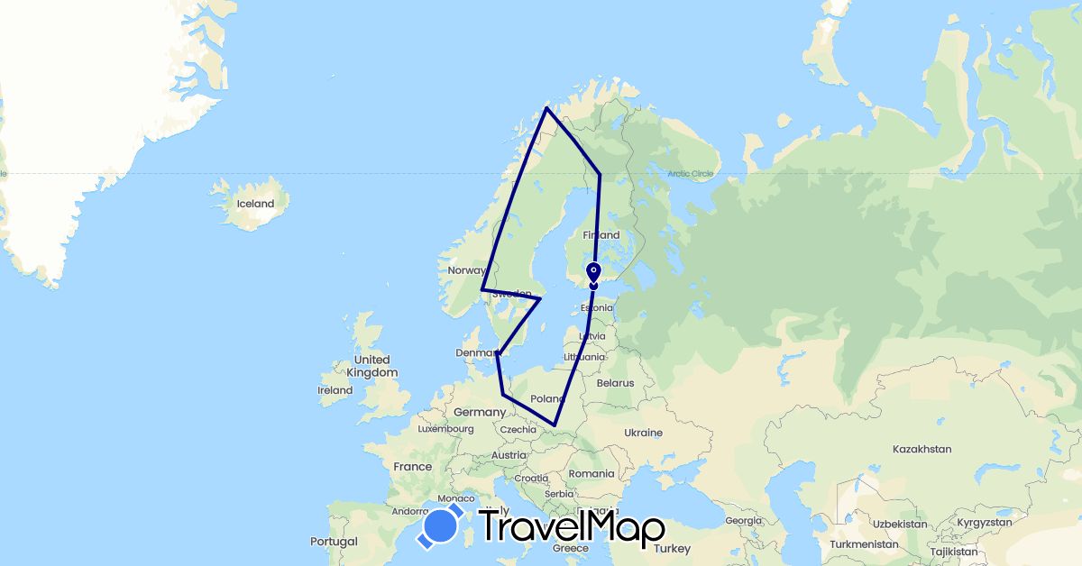 TravelMap itinerary: driving in Germany, Denmark, Estonia, Finland, Latvia, Norway, Poland, Sweden (Europe)